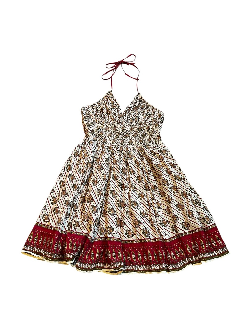 Angie Shirred Babydoll Mini Dress Floral Smocked Beaded Boho Coquette Festival